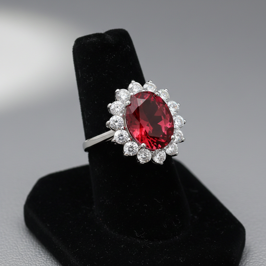 Sterling Silver Large Ruby Ring Cluster Engagement 925 Hallmark Size K-S