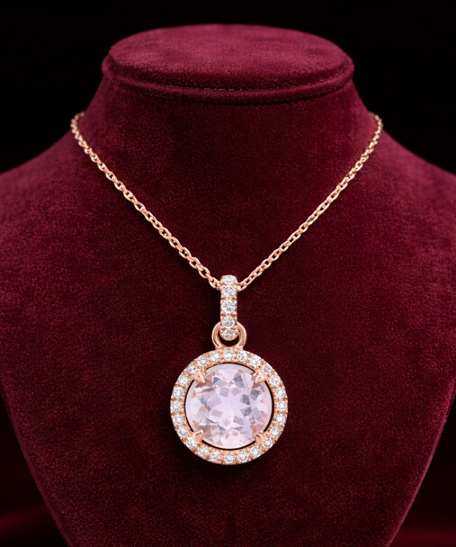 Real Amethyst Halo Pendant With Diamond Solid Rose Gold 18" 46cm Length Chain