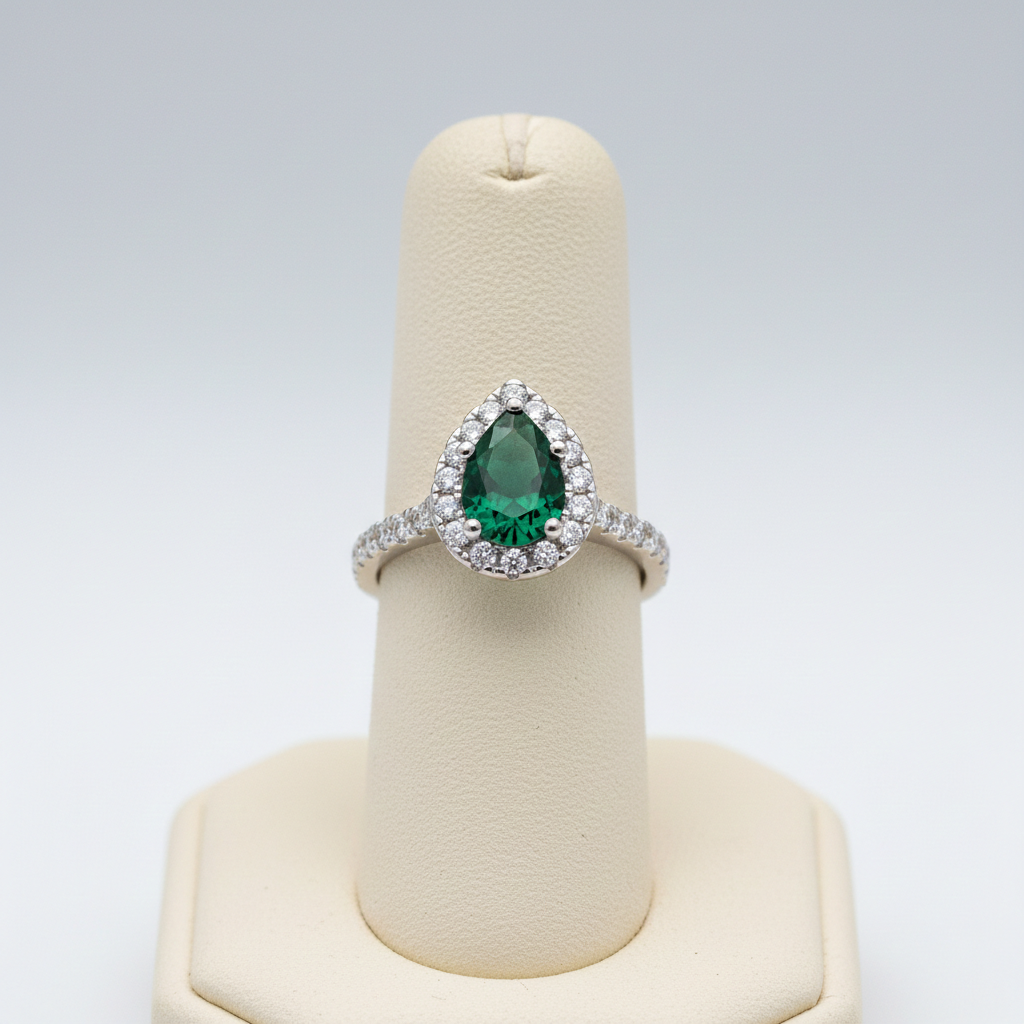 Sterling Silver Emerald Ring Pear Halo Engagement 925 Hallmark Size K-S