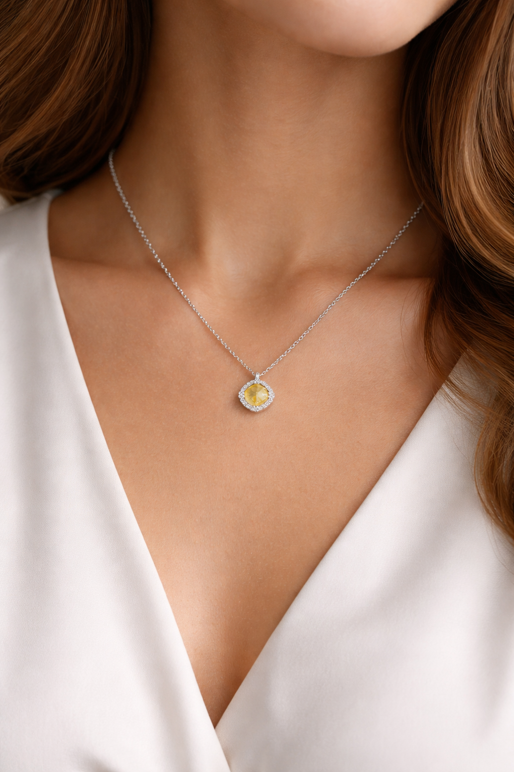Citrine Cushion Pendant Real Diamond Halo Solid White Gold 18" 46cm Length Chain