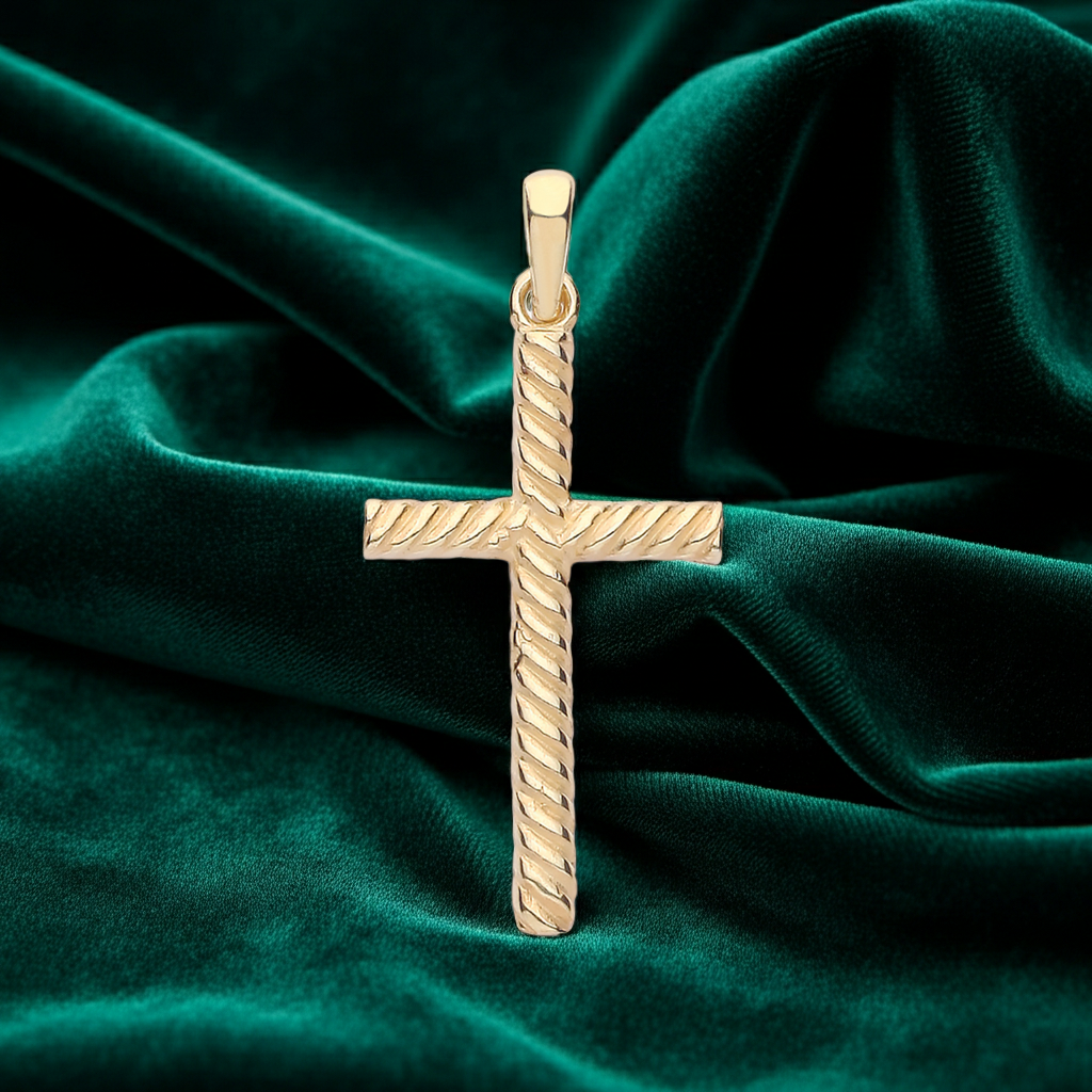 18ct Gold Cross Pendant Twisted Rope on Solid Sterling Silver 925 Hallmark 26mm