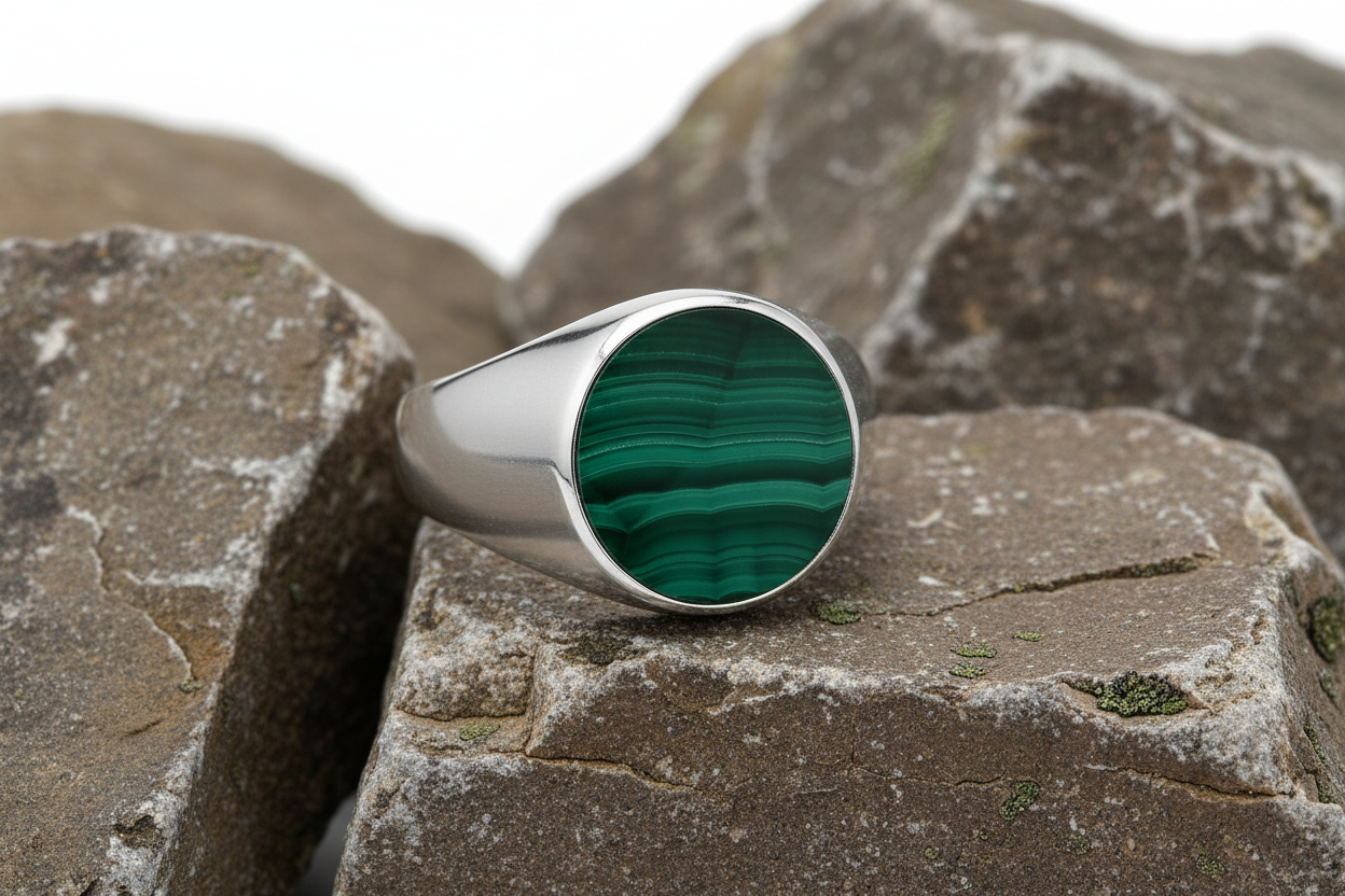 Men's Malachite Oval Signet Ring Gents Solid Sterling Silver Engagement size R-Z