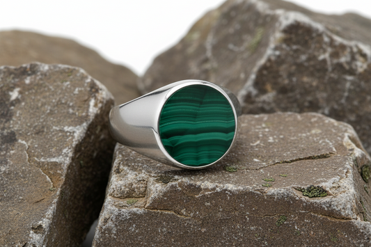 Men's Malachite Oval Signet Ring Gents Solid Sterling Silver Engagement size R-Z