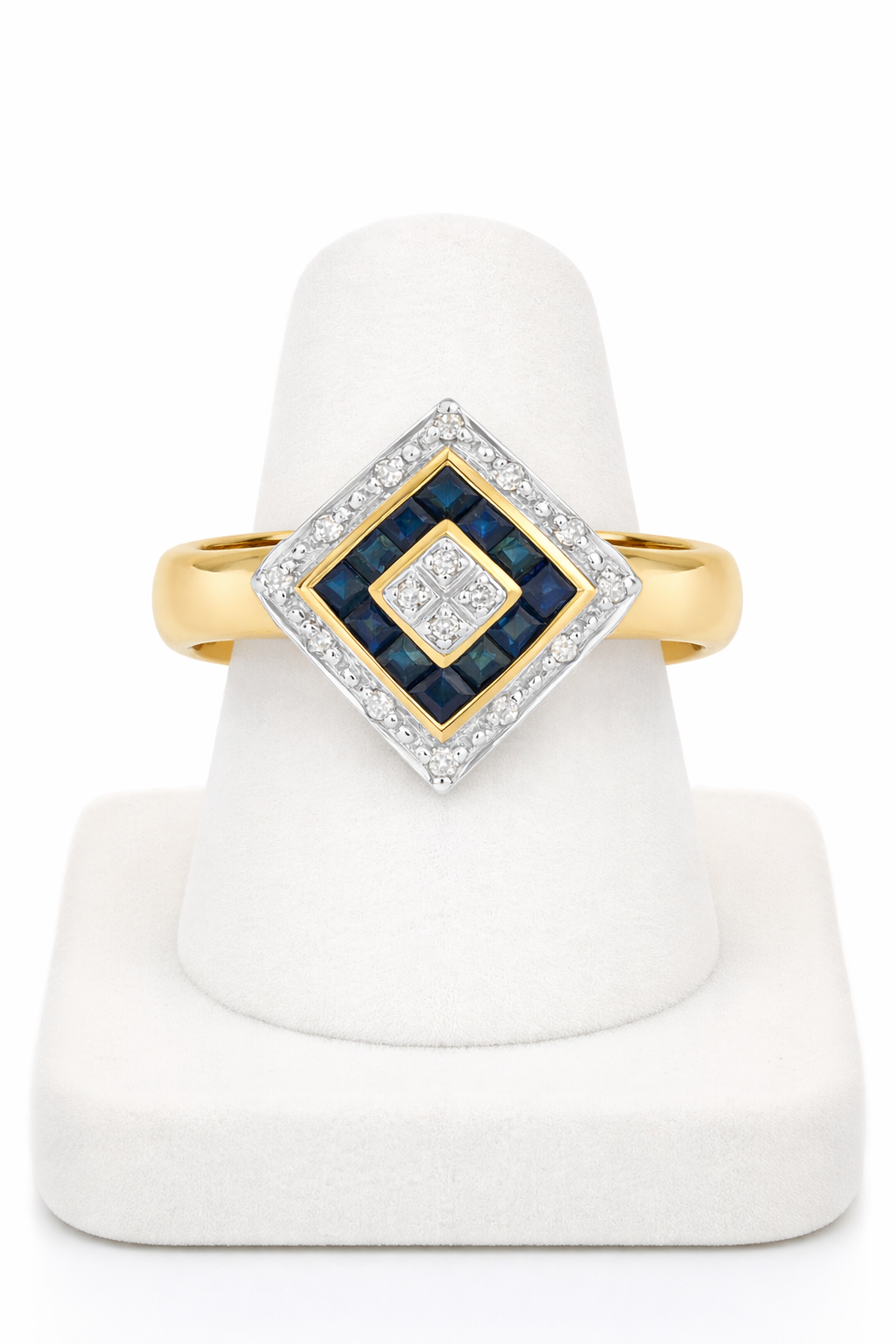 Sapphire and Diamond Ring Solid Yellow Gold Square Cluster Size JKLMNOPQ