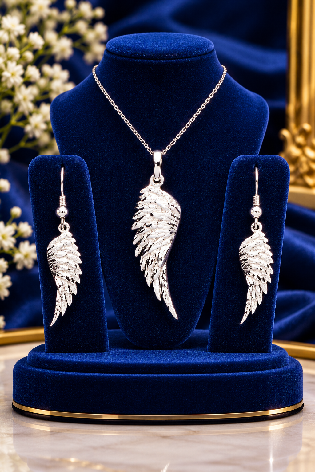 Angel Wing Jewellery Set Solid Sterling Silver 925 Hallmark 18" Chain
