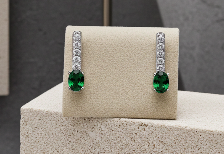 Emerald Drop Stud Earrings Solid Sterling Silver 925 Hallmark Rhodium Finish