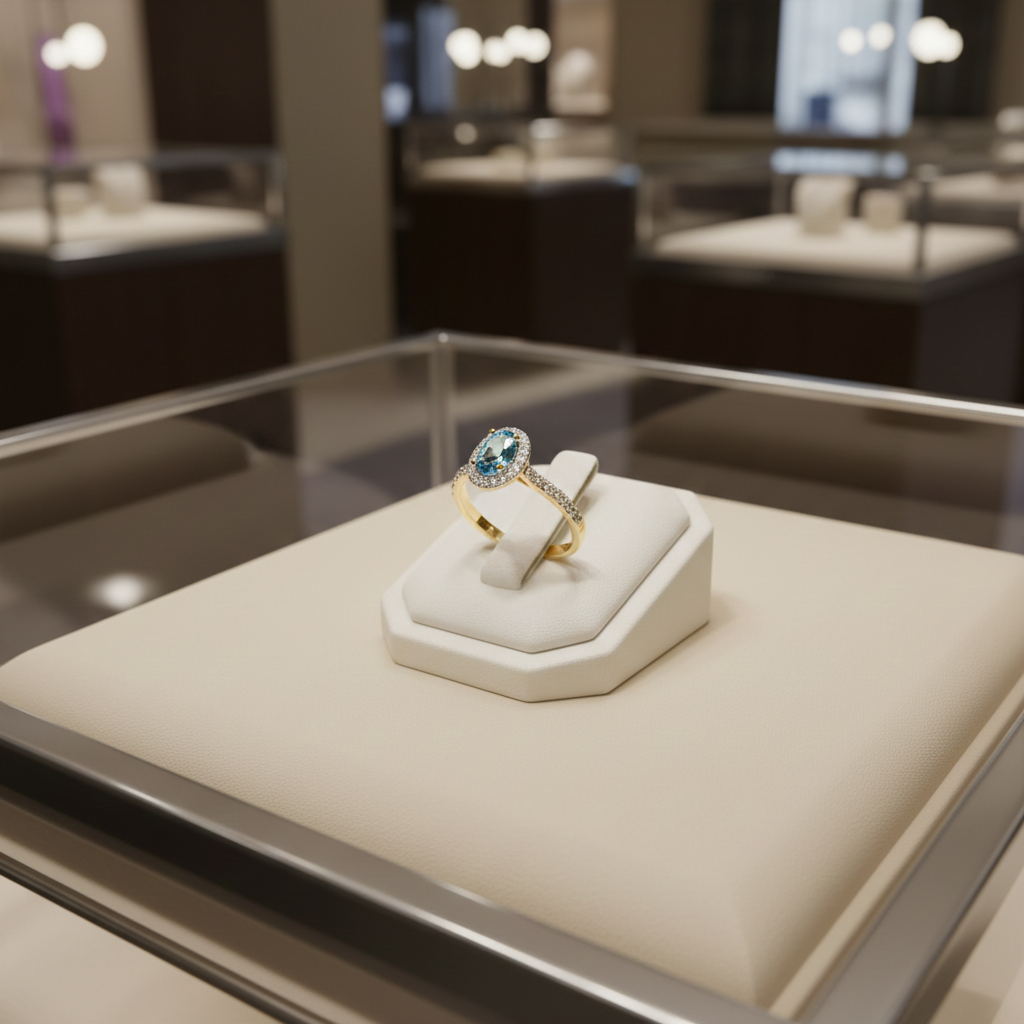 18ct Yellow Gold Aquamarine Ring Halo on Sterling Silver 925 Hallmark Size K-S