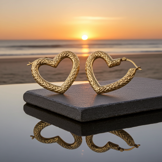 18ct Gold Heart Hoop Earrings on Solid Sterling Silver 31mm 925 Hallmarked