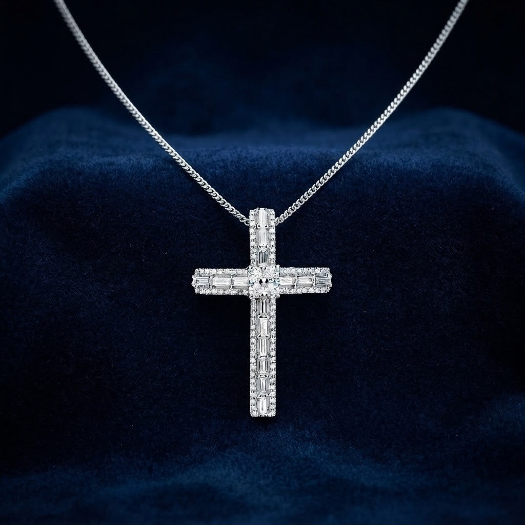 1 Carat Diamond Cross Pendant 18ct White Gold Baguette 18"/45cm Genuine Diamonds