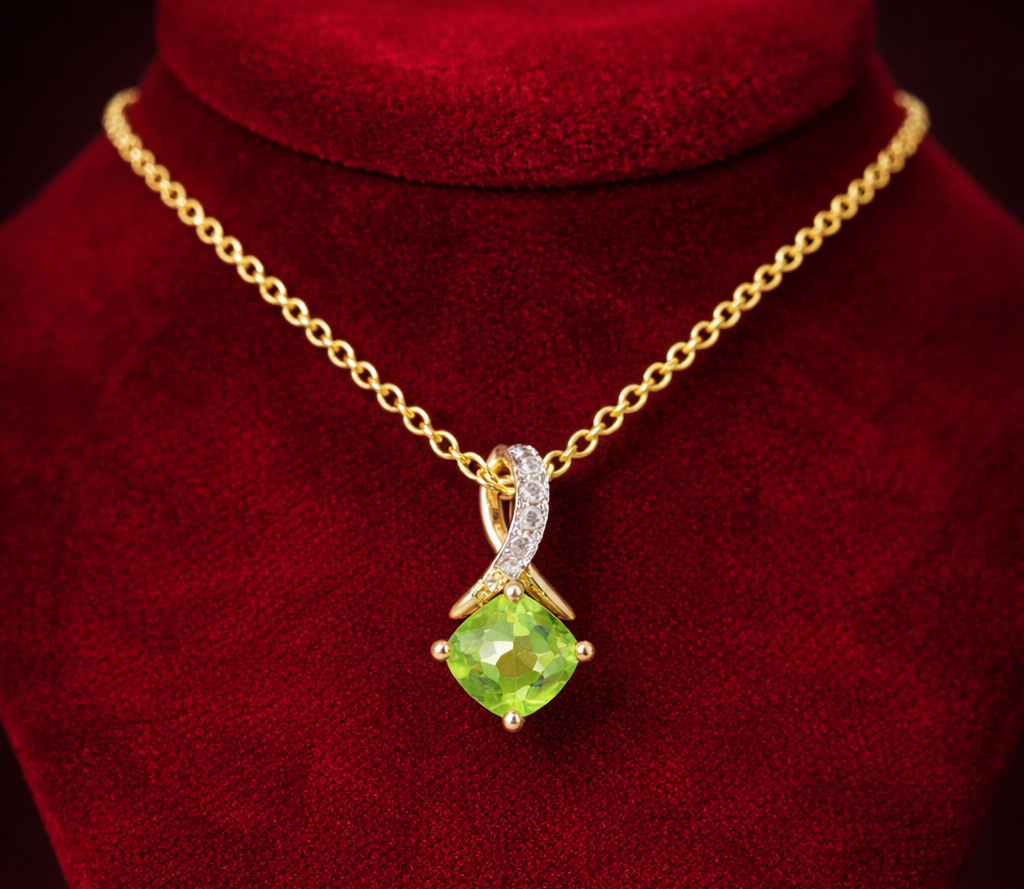 Peridot Cushion Pendant Diamond Kiss Solid Yellow Gold 18" 46cm Length Chain