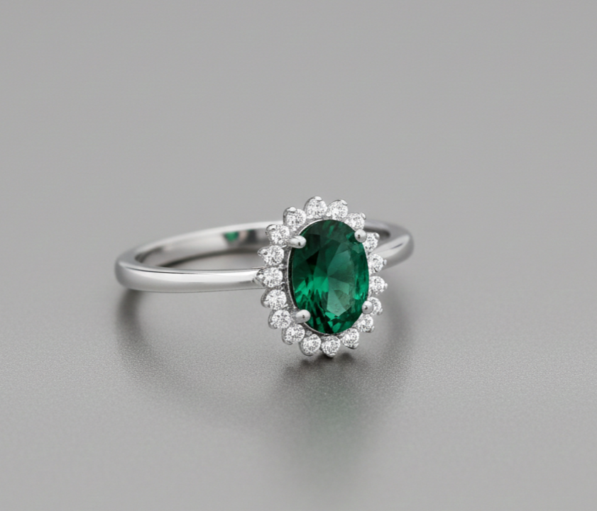 Sterling Silver Emerald Ring Oval Cluster Engagement 925 Hallmark Size K-S