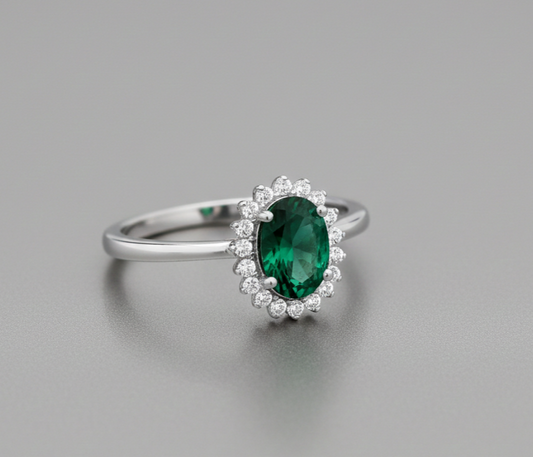 Sterling Silver Emerald Ring Oval Cluster Engagement 925 Hallmark Size K-S