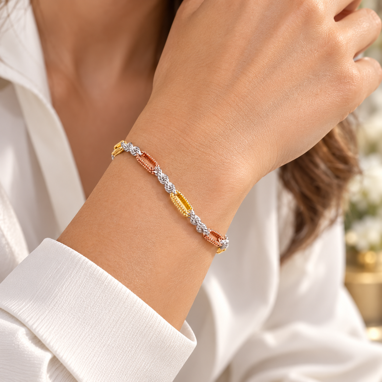 Three Colour Rope Chain Bracelet 18ct Gold on Solid Silver Lobster Clasp 925