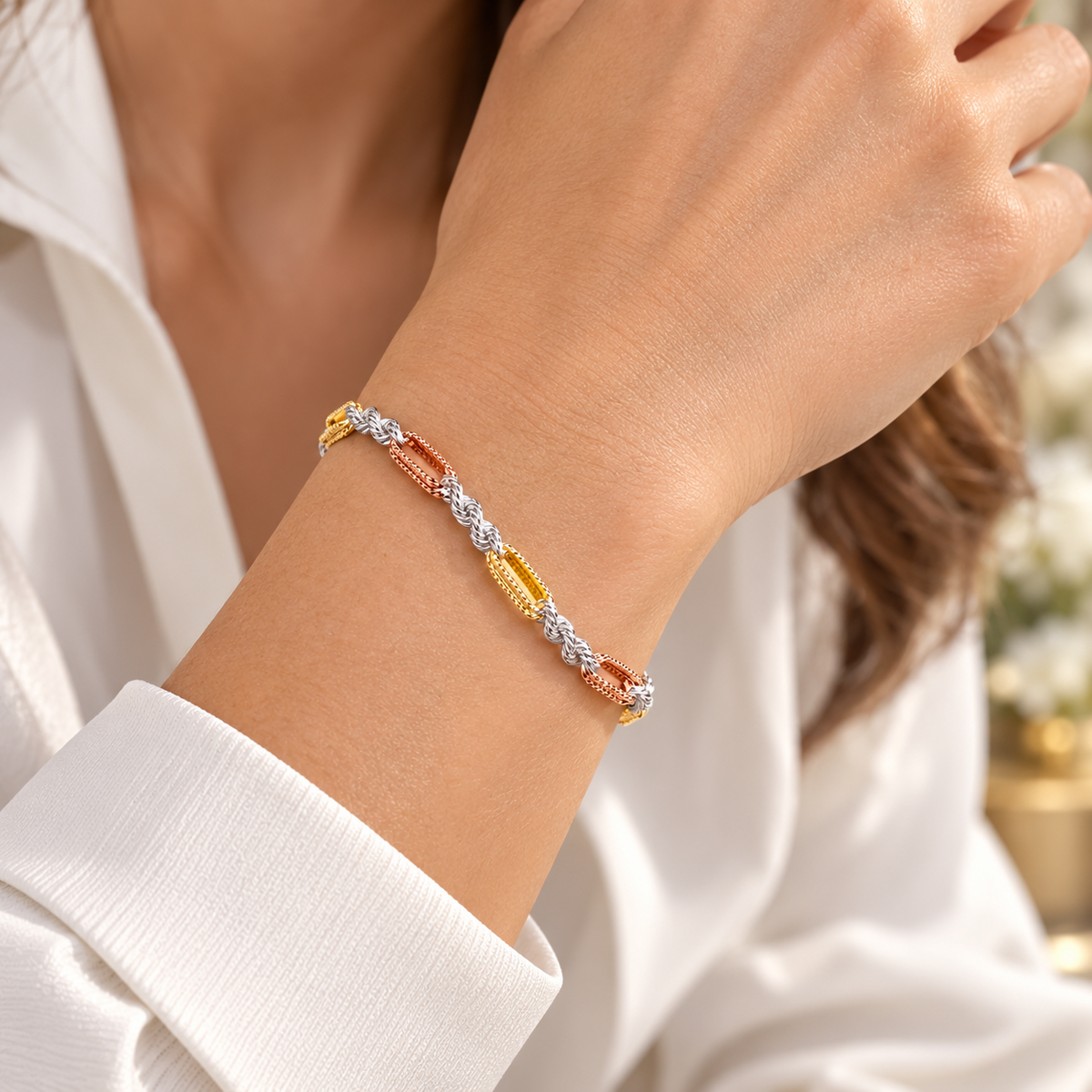Three Colour Rope Chain Bracelet 18ct Gold on Solid Silver Lobster Clasp 925
