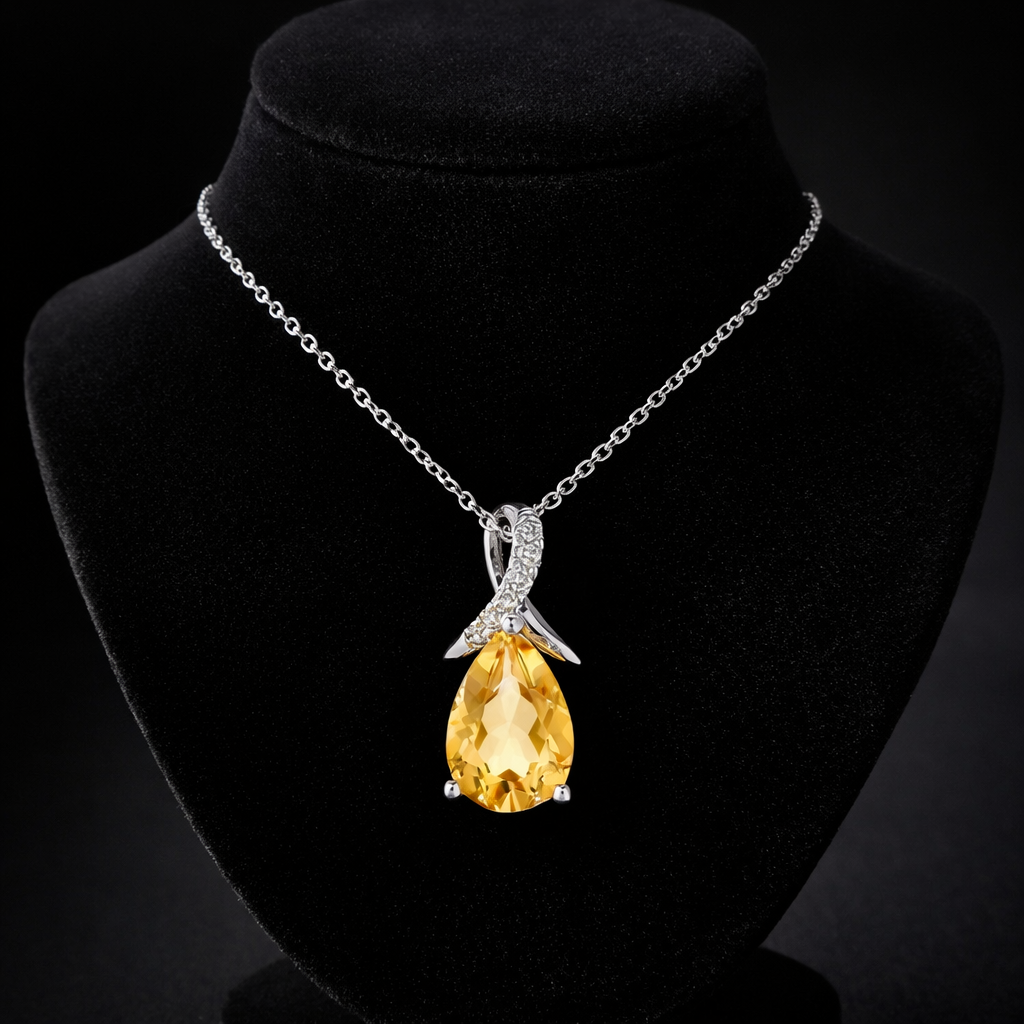 9ct White Gold Citrine Pendant With Diamond Kiss 18" 46cm Length Chain