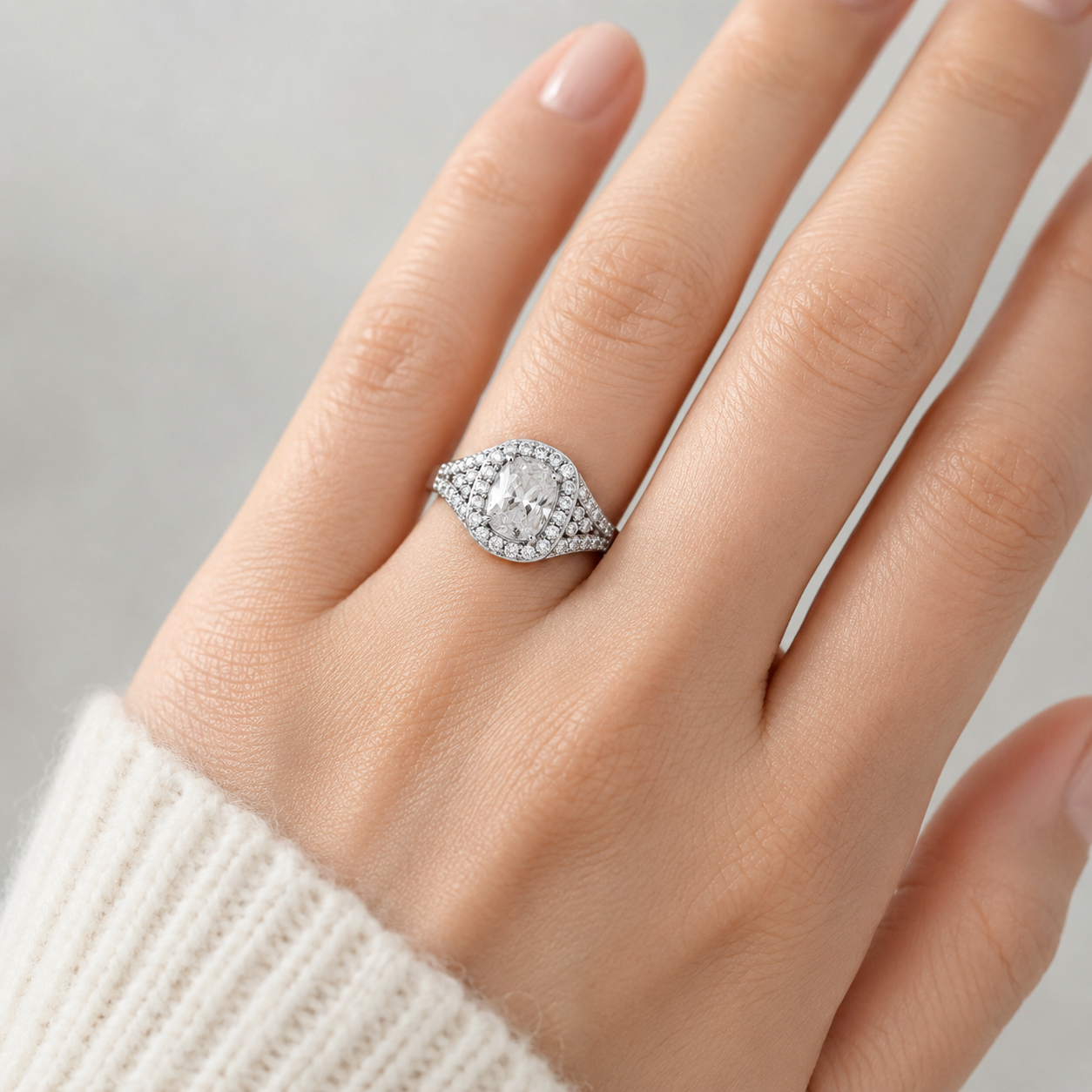 Radiant Cushion-Cut Halo Ring in Solid Sterling Silver with Pavé Zircon Accents
