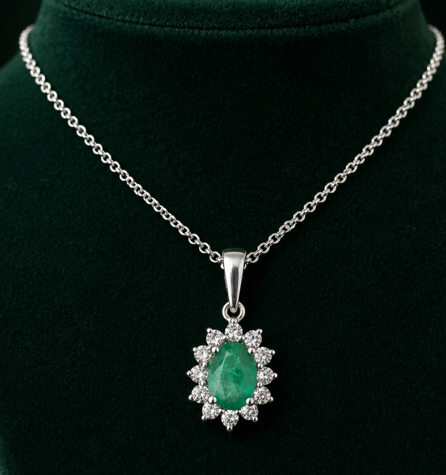 Emerald Oval Cluster Pendant With Diamonds 18ct White Gold 16" 41cm Length Chain