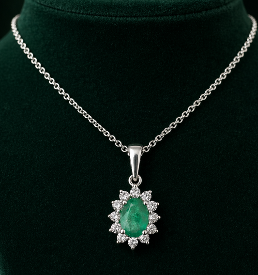 Emerald Oval Cluster Pendant With Diamonds 18ct White Gold 16" 41cm Length Chain