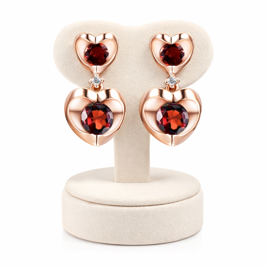 Garnet and Diamond Heart Earrings Solid 9ct Rose Gold Drop Hallmarked