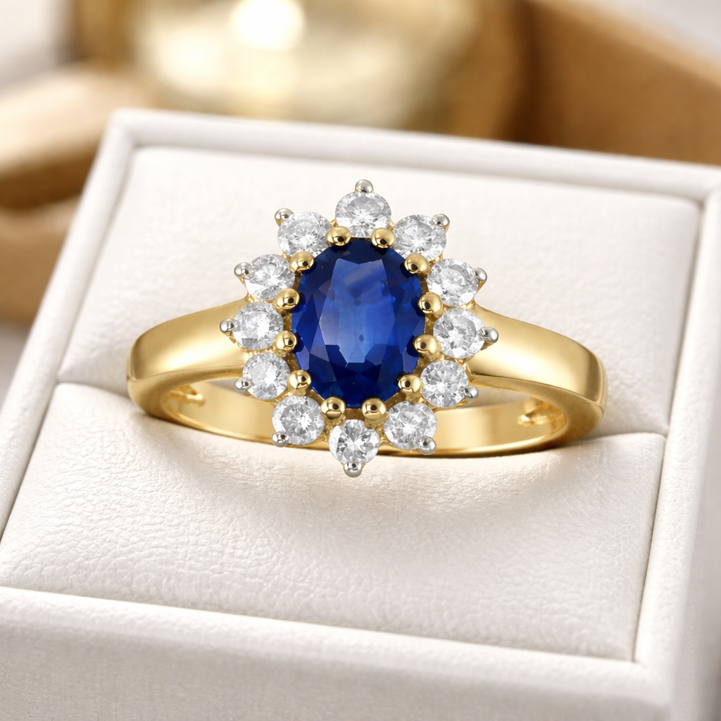 Real Sapphire and Diamond Ring 9ct Yellow Gold Cluster Engagement Hallmarked