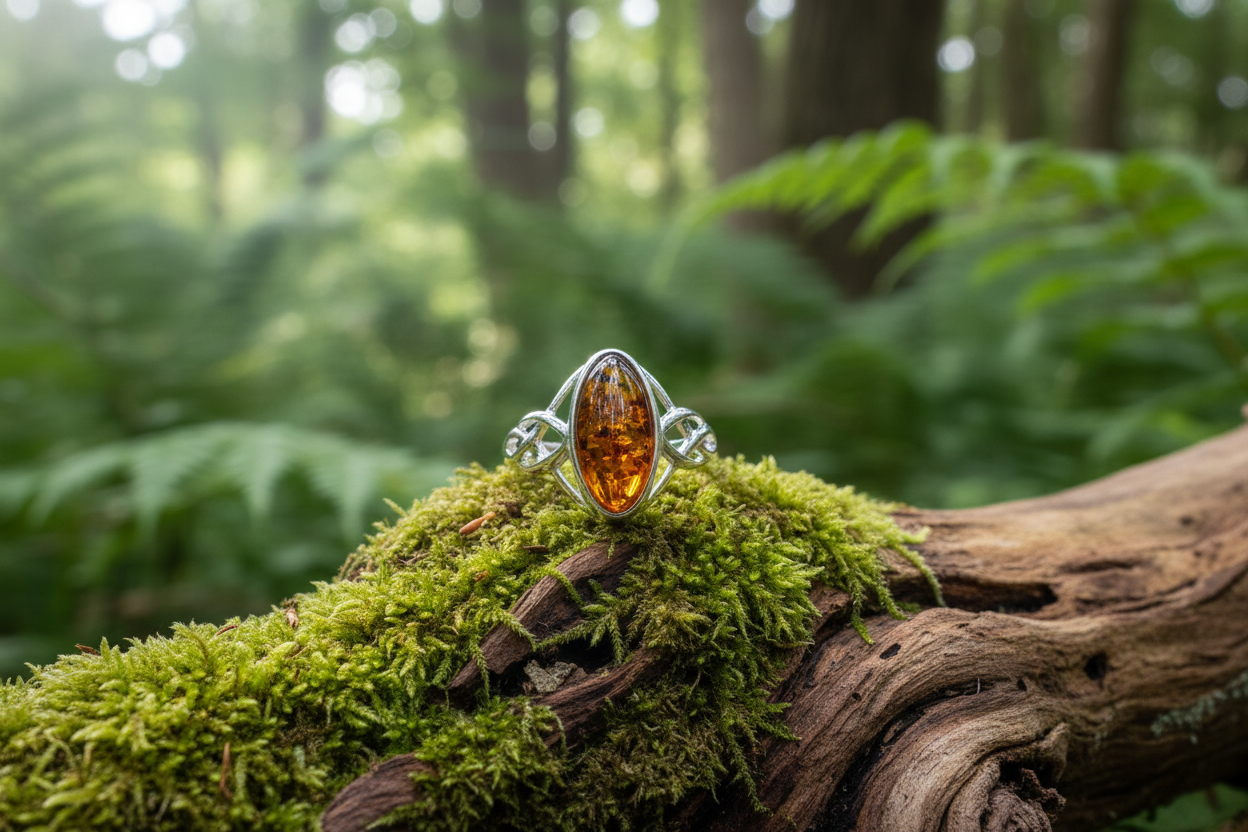 Cognac Amber Oval Statement Ring With Celtic Shoulders Solid Sterling Silver 925