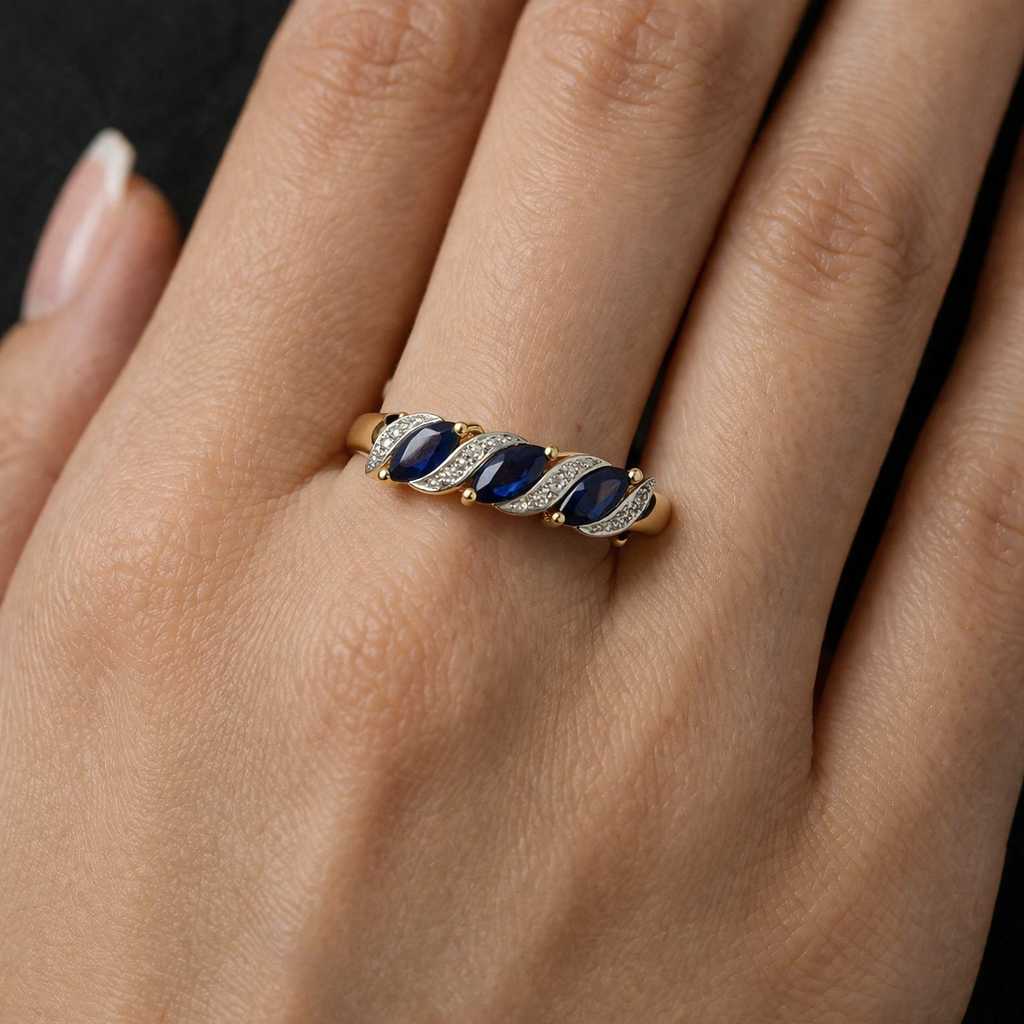 Sapphire and Diamond Ring Solid Yellow Gold Marquise Three Stone Size J-Q