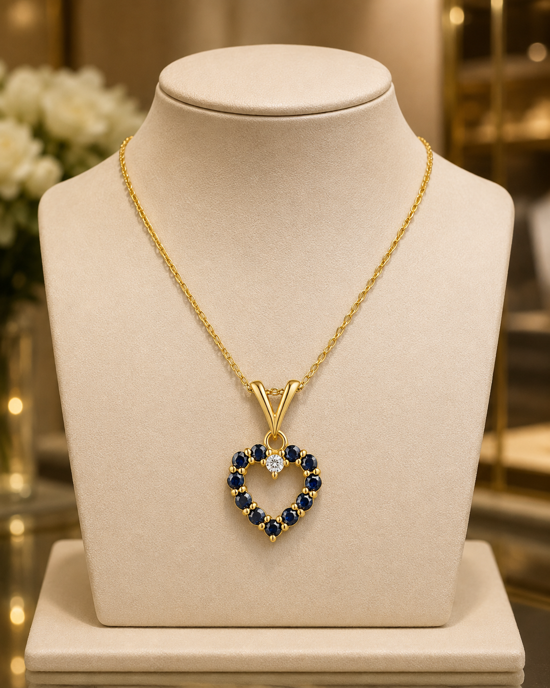 Sapphire & Diamond Heart Pendant Necklace Yellow Gold Fine Jewellery Gift
