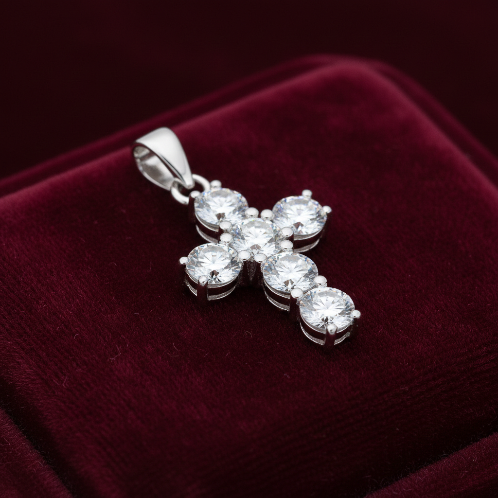 Sterling Silver Zircon Cross Pendant  925 Hallmark 25mm