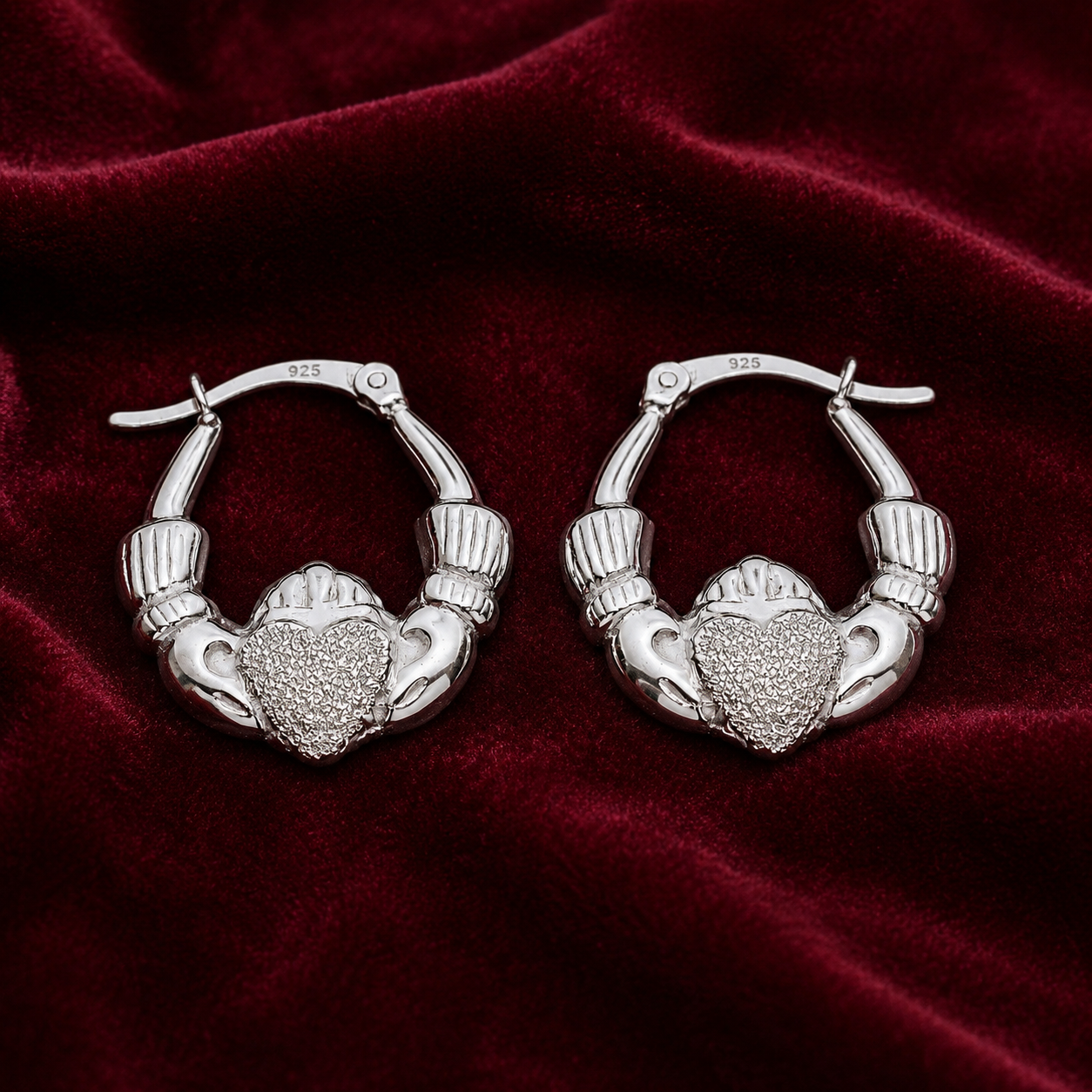 Sterling Silver Claddagh Creole Hoop Earrings 22mm 925 Hallmark