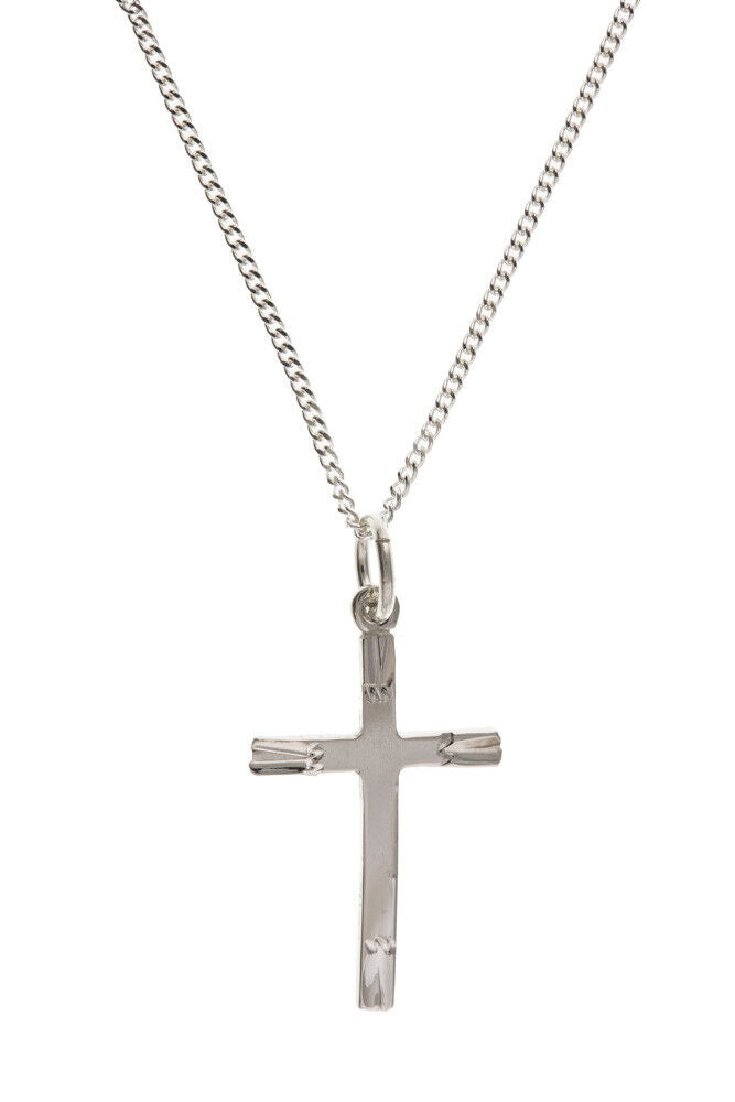 Sterling Silver Diamond Cut Edge Cross 925 Hallmark 22 x 13mm 16 - 18" Chain