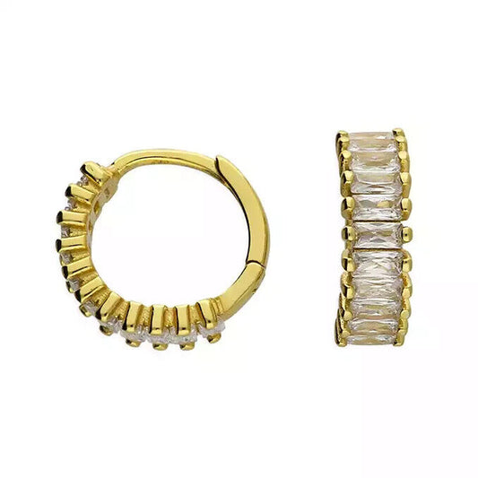 Men's CZ Baguette Cut Huggie Hoop Single Earring Yellow Gold on 925 Silver