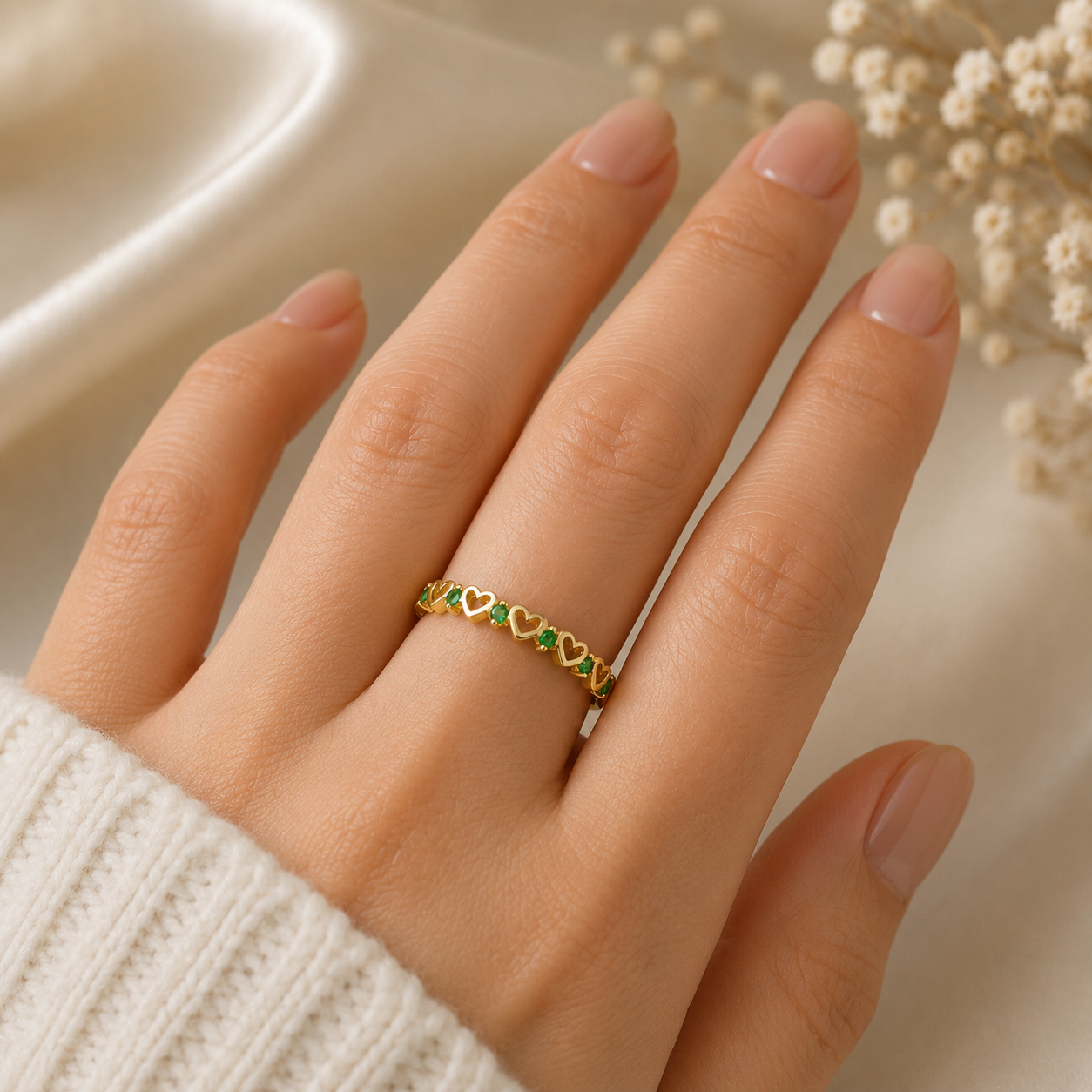 9k Yellow Gold Emerald Heart Eternity Stacking Band Ring Size KLMNOPQRS Hallmark