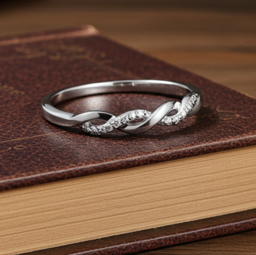 Natural Diamond Twist Eternity Ring Rhodium on Solid Sterling Silver 925