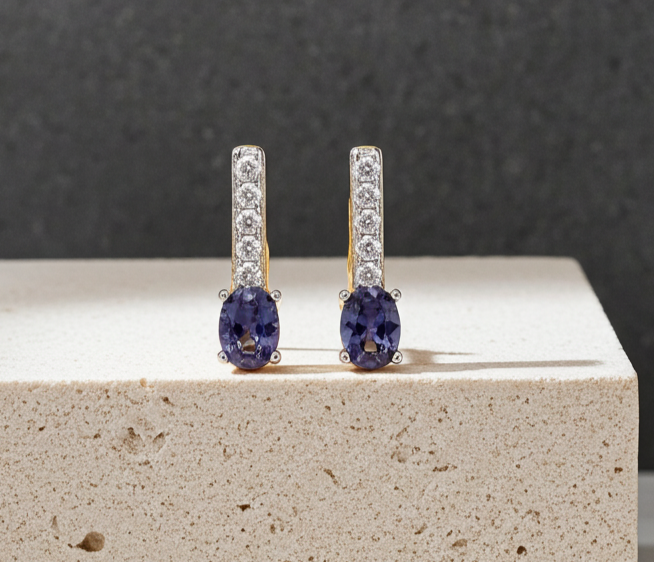 18ct Gold Tanzanite Drop Stud Earrings on Solid Sterling Silver 925 Hallmark