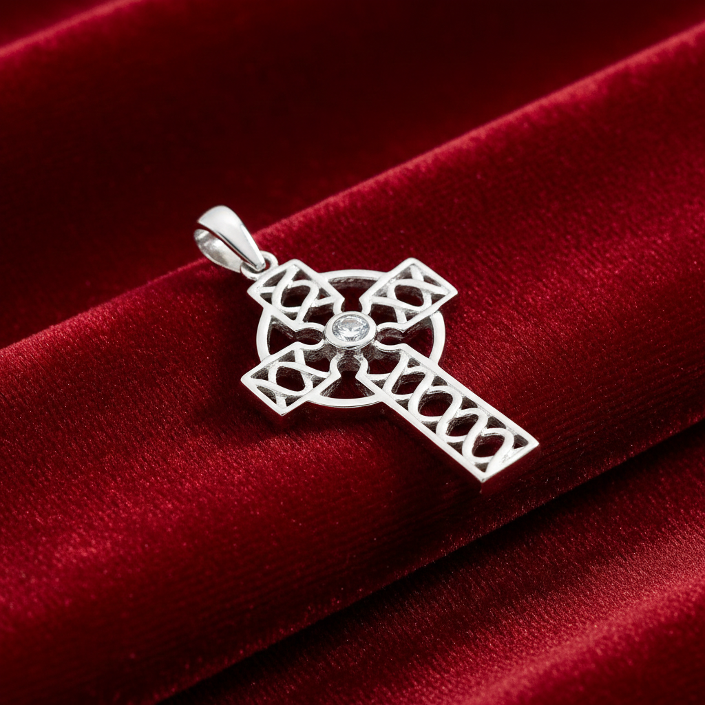 Sterling Silver Celtic Cross Pendant Zircon 925 Hallmark 39mm Rhodium Finish