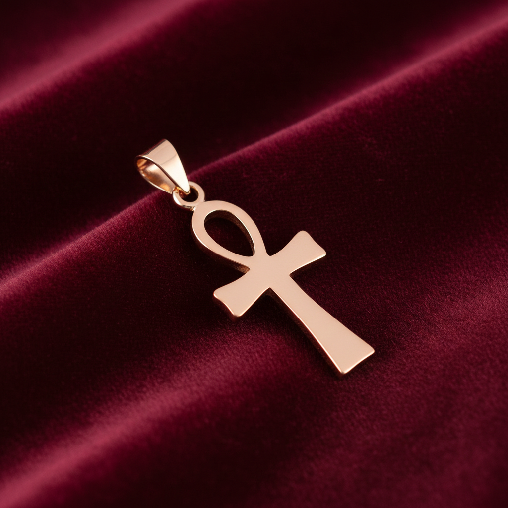 18ct Gold Ankh Cross Pendant on Solid Sterling Silver 925 Hallmark 36mm