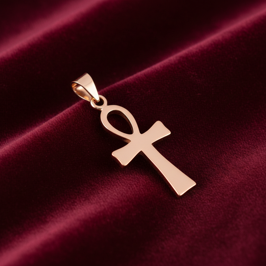 18ct Gold Ankh Cross Pendant on Solid Sterling Silver 925 Hallmark 36mm