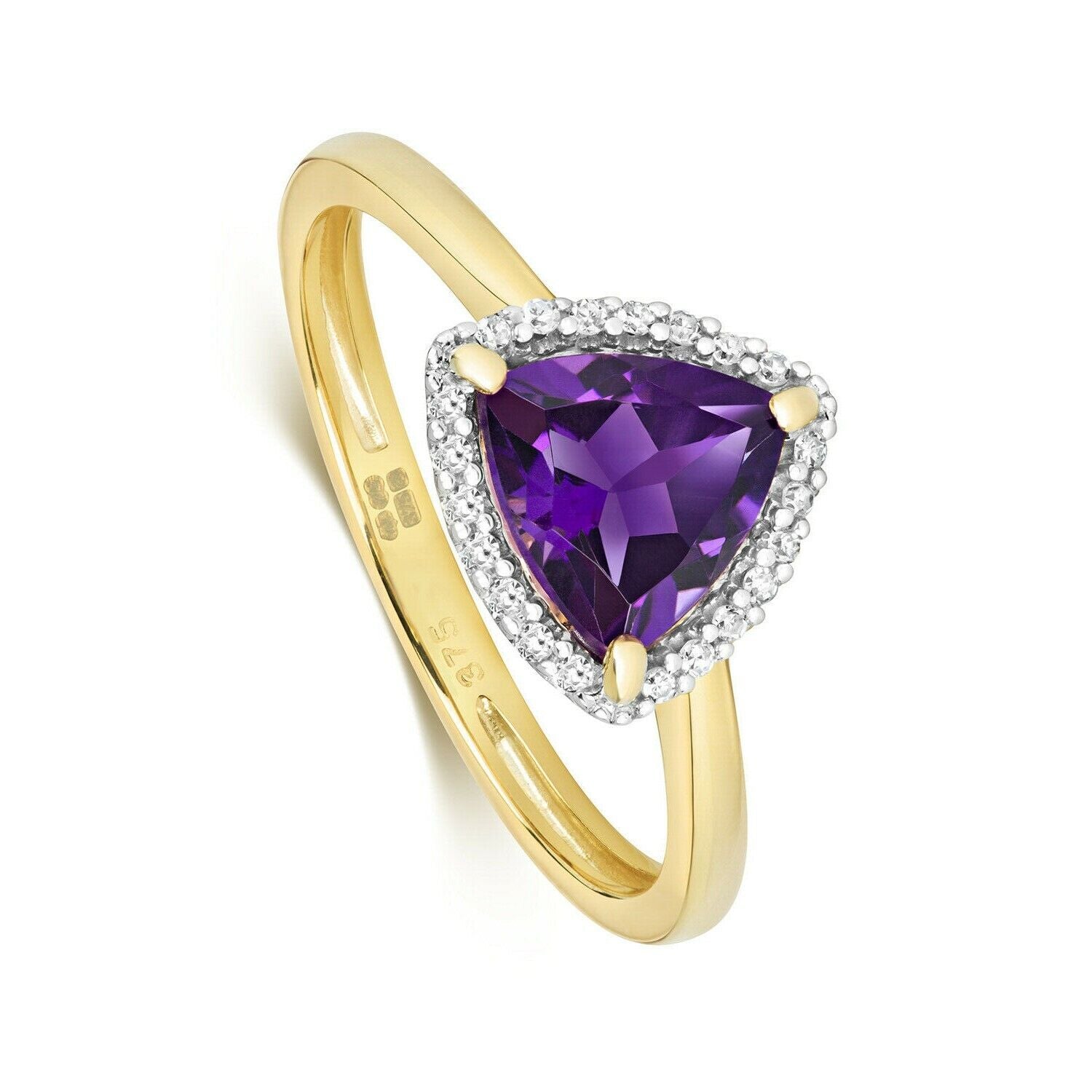 Real Amethyst and Diamond Ring Solid Yellow Gold Trillion Cluster Size J - Q