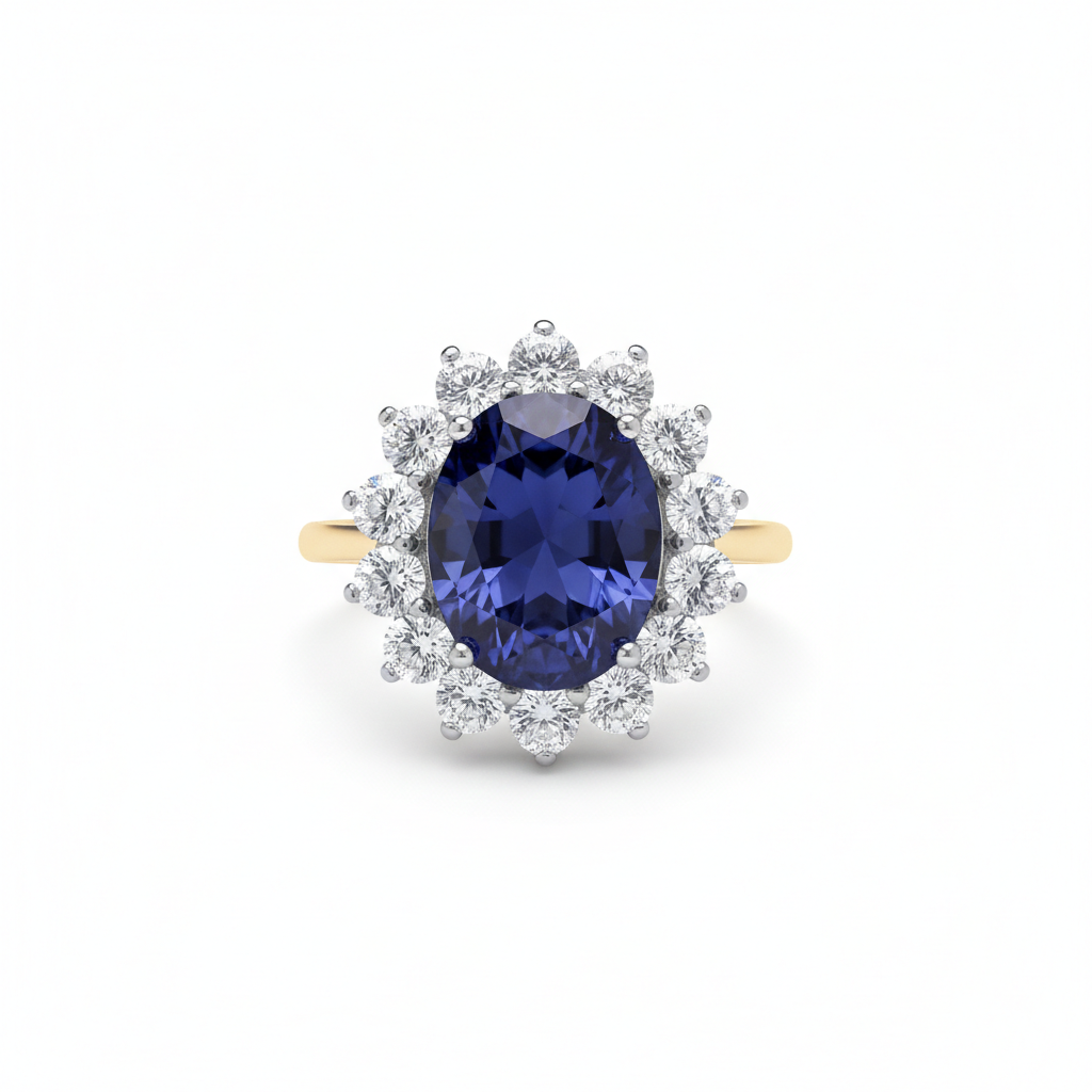 18ct Gold Large Sapphire Ring Cluster on Sterling Silver 925 Hallmark Size K-S