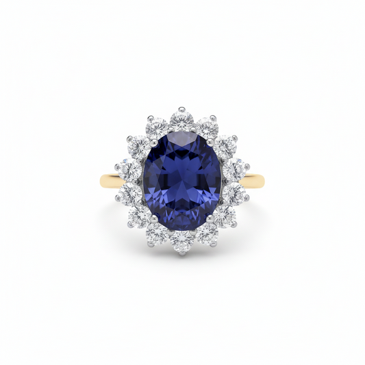 18ct Gold Large Sapphire Ring Cluster on Sterling Silver 925 Hallmark Size K-S