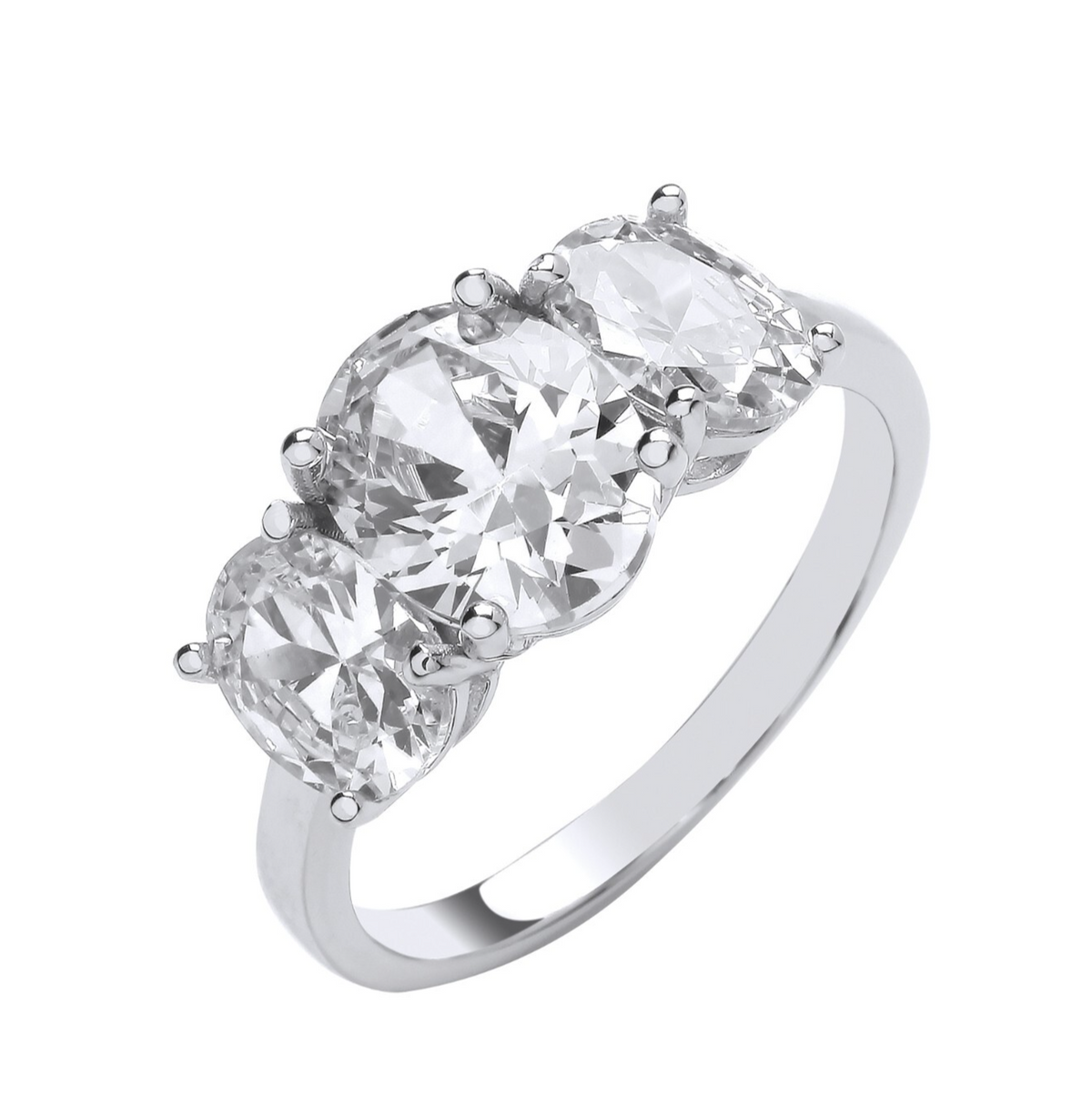 Solid Silver Oval Zircon Trilogy Ring Sizes J-Q British Made Silver 925 Hallmark