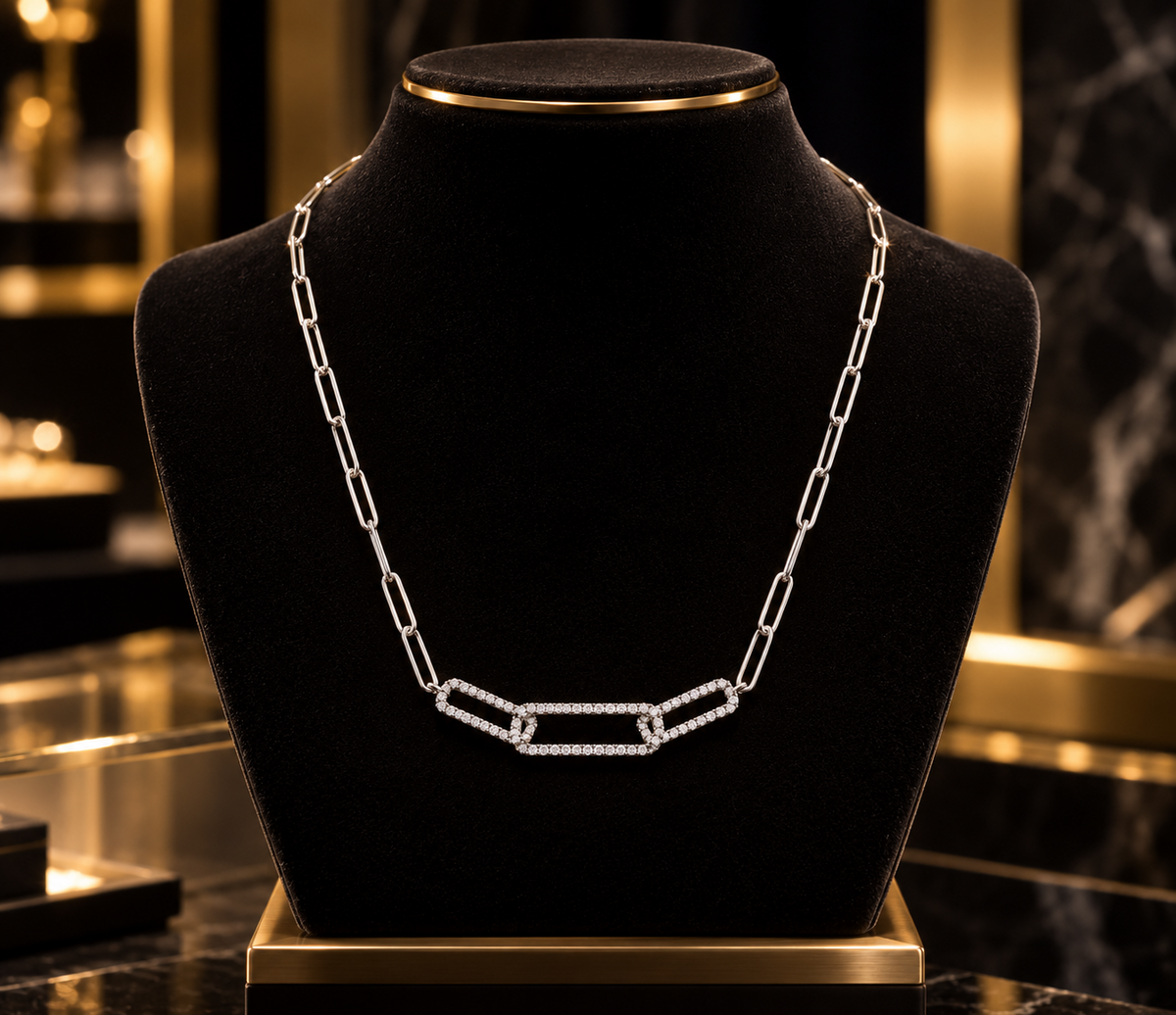 Elegant White Gold Paperclip Chain Necklace Pavé Diamond Link Pendant 17"