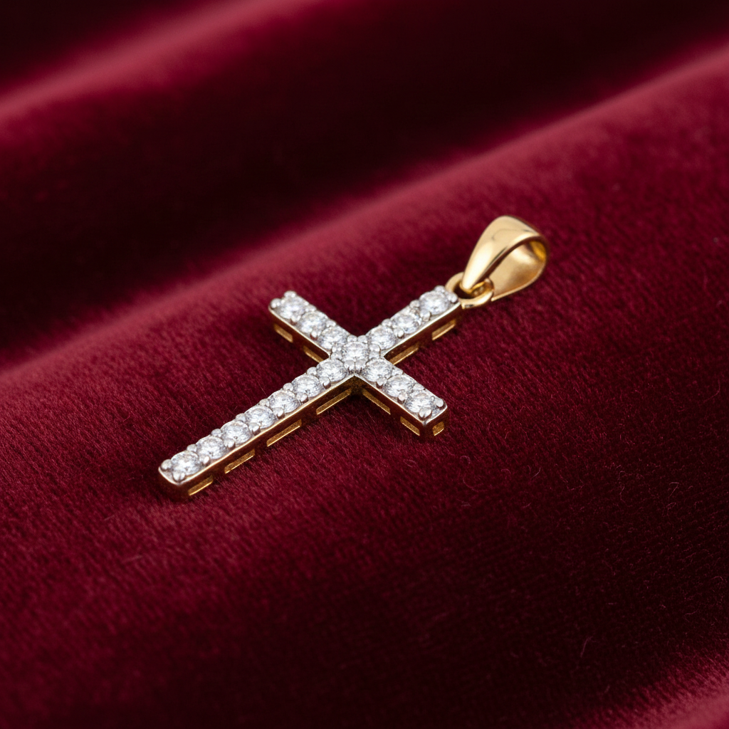 18ct Gold Zircon Cross Pendant on Solid Sterling Silver 925 Hallmark 18" Chain