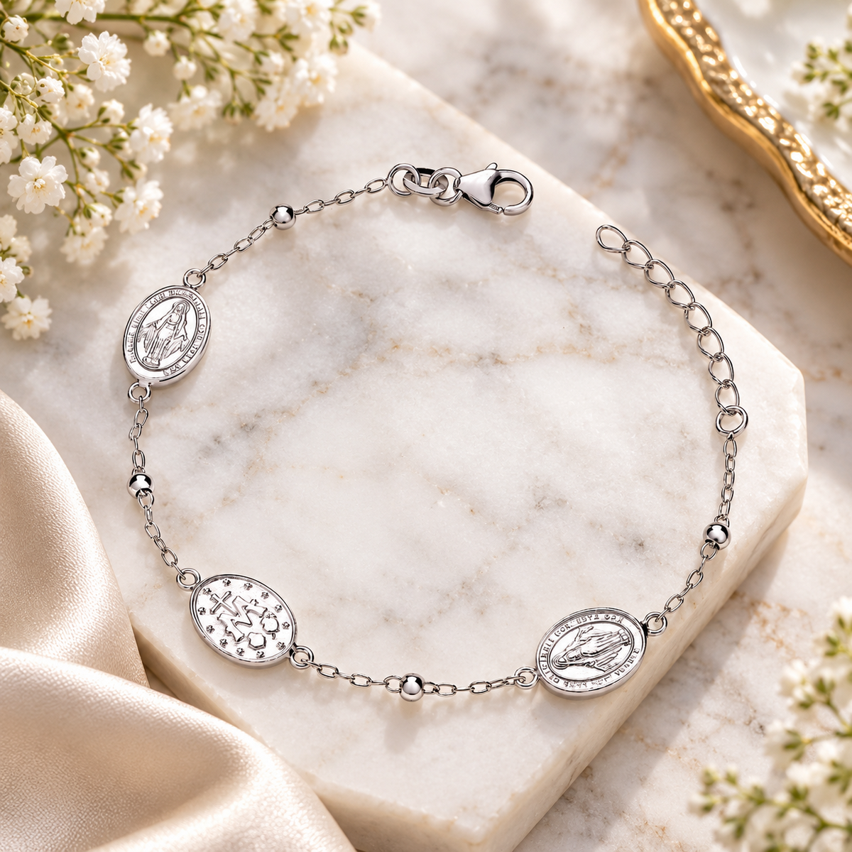 Sterling Silver Religious Medal Charm Bracelet Virgin Mary Miraculous Medal 925