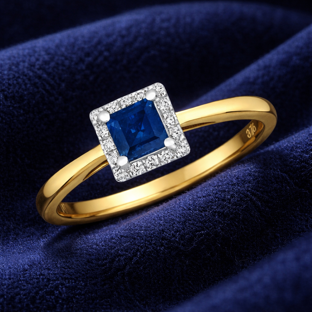 Sapphire and Diamond Square Cluster Ring 9ct Yellow Gold Size J - Q