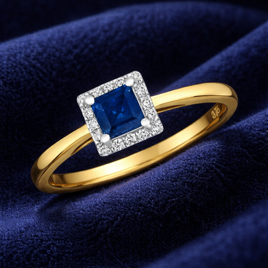 Sapphire and Diamond Square Cluster Ring 9ct Yellow Gold Size J - Q