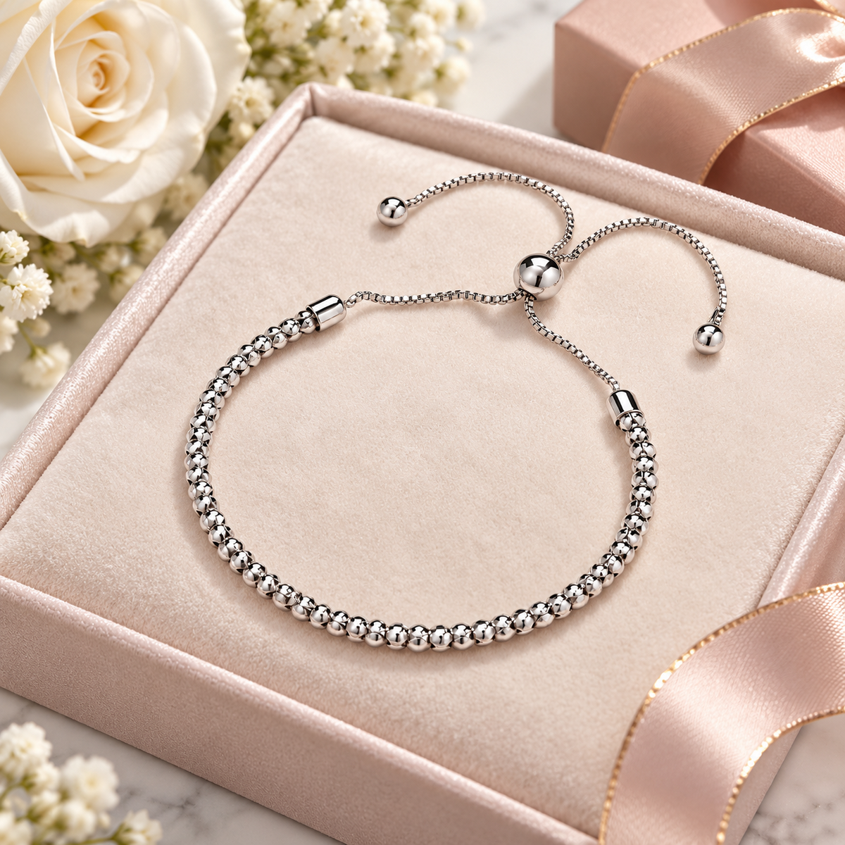 Sterling Silver Adjustable Bolo Slider Bracelet Beaded Chain Ball Ends 925