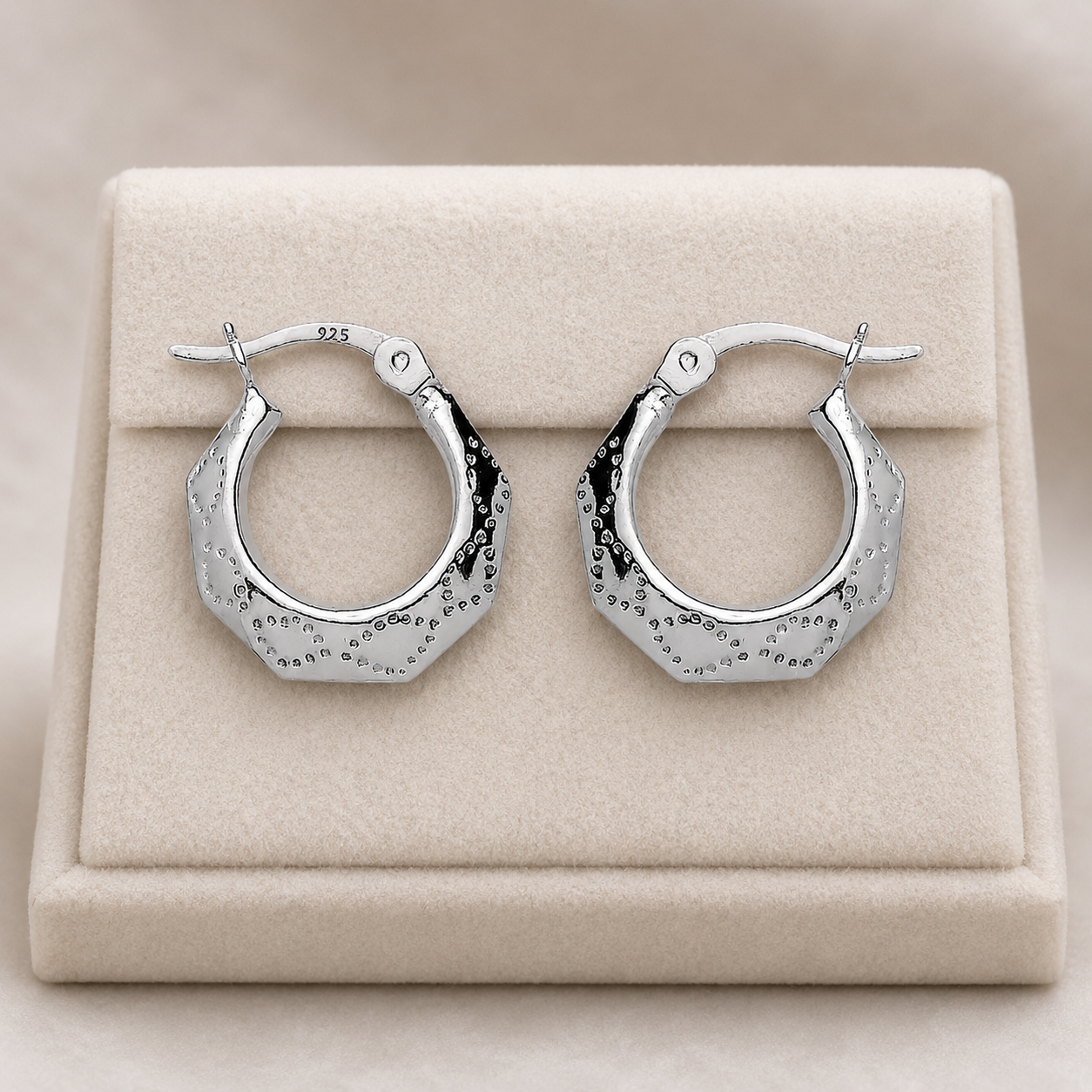 Hexagon Creole Hoop Earrings  Sterling Silver 925 15mm Diameter