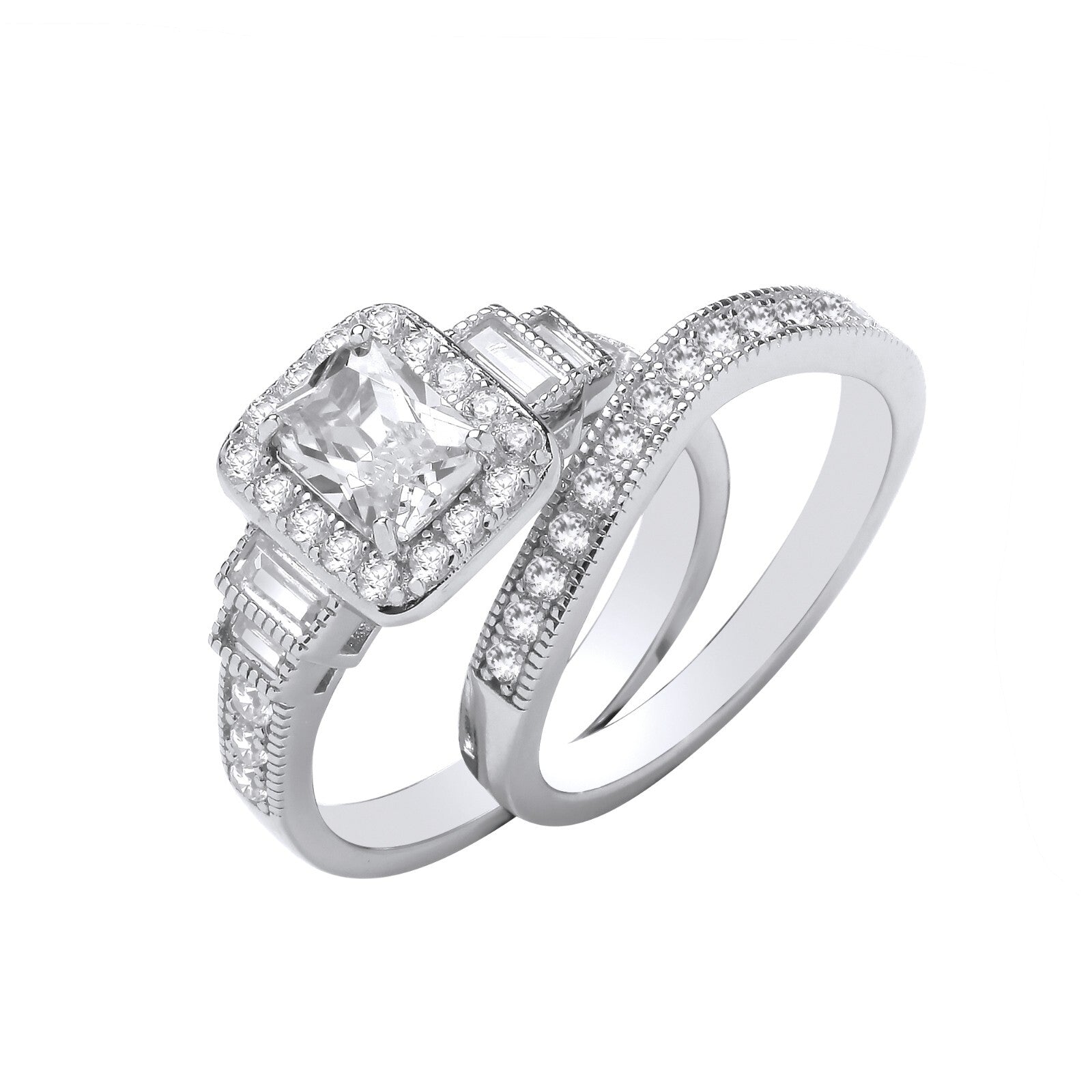 Sterling Silver Emerald Cut Zircon Centre Bridal Set Ring 925 Hallmark Size J-Q