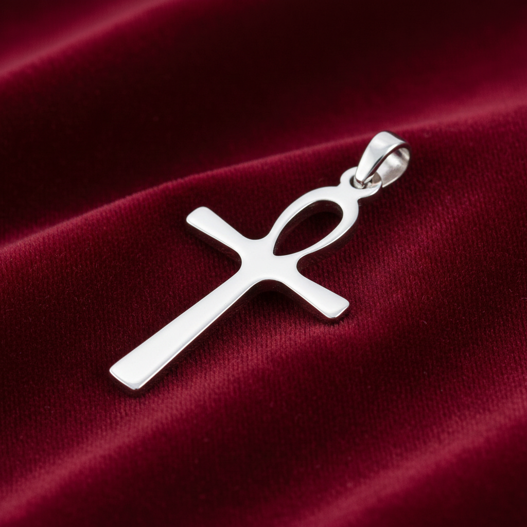 Sterling Silver Ankh Cross Pendant 925 Hallmark 33mm Rhodium Finish